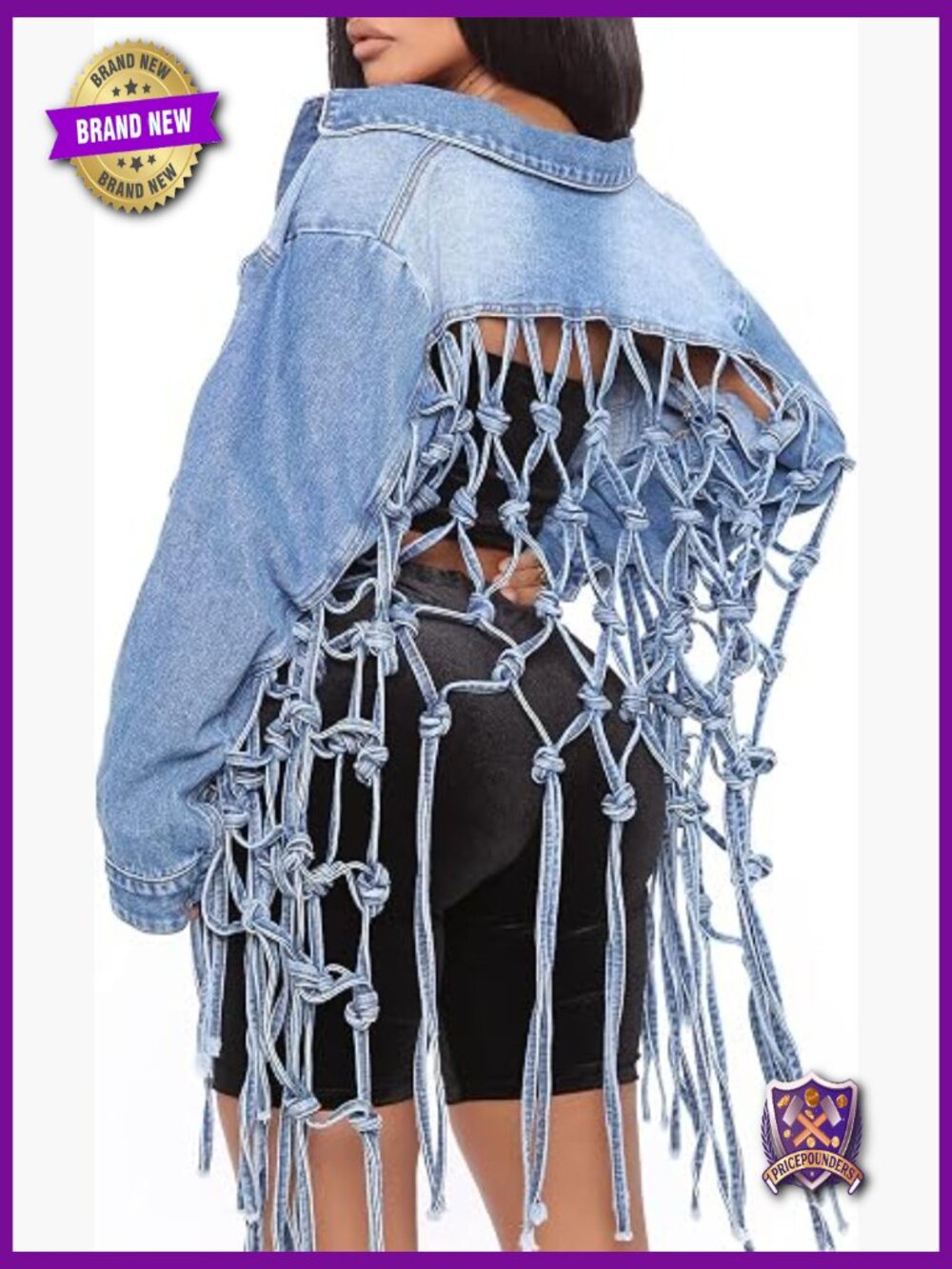 Cropped Fringe Distressed Denim Jacket Button Down Long Sleeve Jean Coat